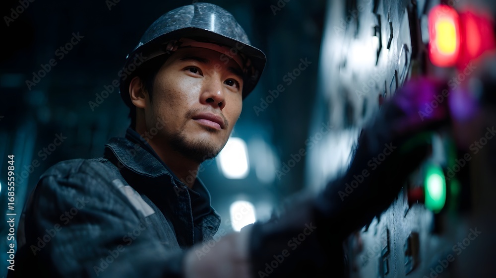 Poster focused technician in a hard hat and uniform operates an illuminated control panel with glowing red 