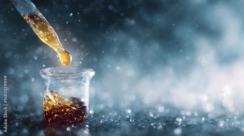 Poster A golden liquid drop falls precisely from a glass dropper into a small flask illustrating a scientific experiment in a dimly lit laboratory setting