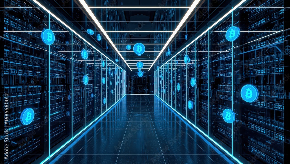 Poster bitcoin mining farm concept with digital currency symbols floating in a server room, representing th