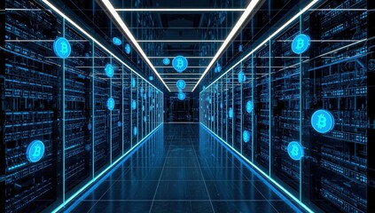 Bitcoin mining farm concept with digital currency symbols floating in a server room, representing the convergence of cryptocurrency and data infrastructure