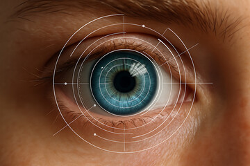 Close up of human eye with biometric scanner elements representing vision security identity recognition and digital authentication concept