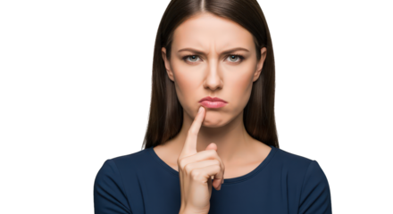 Young woman with a thoughtful expression, finger on lips, isolated on transparent background facial expressions, human feelings