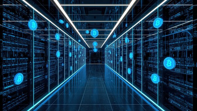 Bitcoin mining farm concept with digital currency symbols floating in a server room, representing the convergence of cryptocurrency and data infrastructure