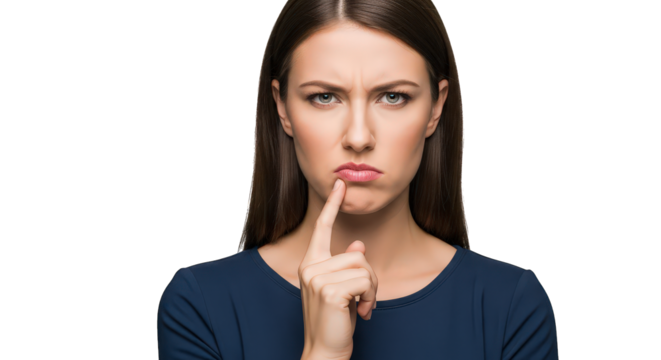 Young woman with a thoughtful expression, finger on lips, isolated on transparent background facial expressions, human feelings