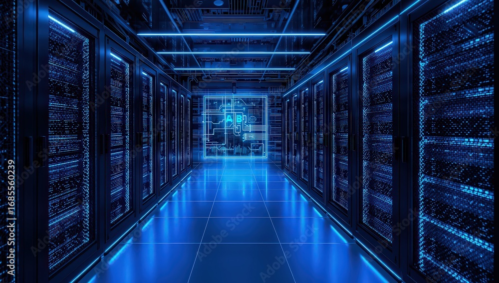 Poster data center server room with blue lighting, showcasing the infrastructure for digital storage, proce