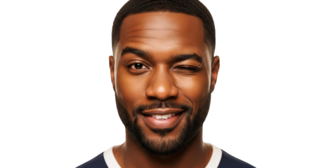 A young black man winks playfully, isolated on transparent background facial expressions, human feelings