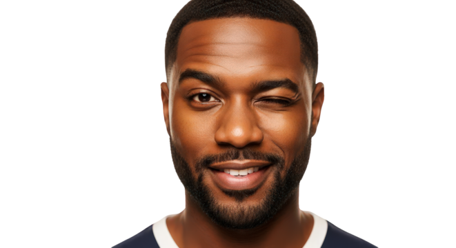 A young black man winks playfully, isolated on transparent background facial expressions, human feelings