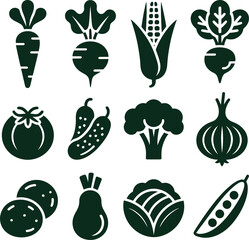 Assortment of Dark Green Vegetable Icons carrot beet