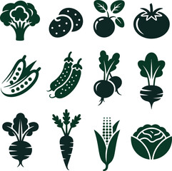 Assortment of Fresh Vegetable Icons in Dark Green food healthy