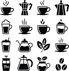 Black Silhouette Coffee And Tea Icons Collection On White Background coffee cup tea cup