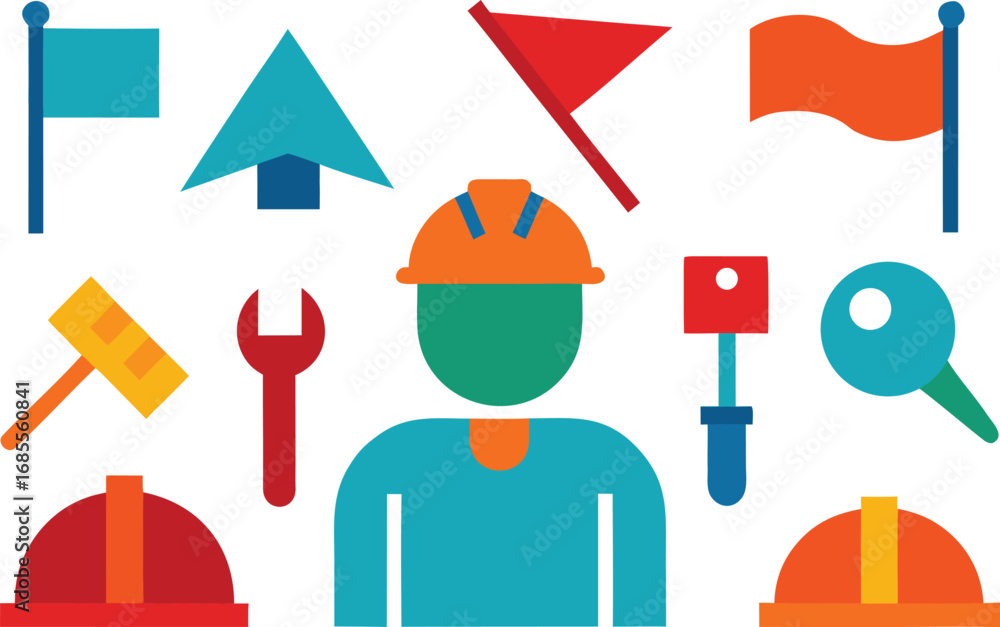 Poster labor day icons collection vector graphics workers tools flags eps scalable illustration