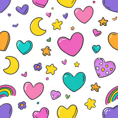 Whimsical, colorful pattern of hearts, stars, moons, flowers, and rainbows on a black background