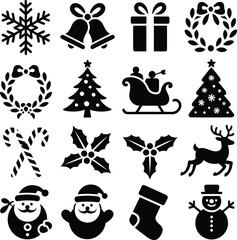 Christmas Icons Set Black Silhouettes On White Background vector illustration