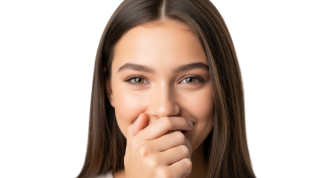 Young woman covering her mouth with her hand, smiling and looking at the camera, isolated on transparent background facial expressions, human feelings - Powered by Adobe