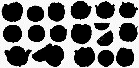 Collection of black silhouettes depicting various whole and cut fruits and vegetables against a transparent background.