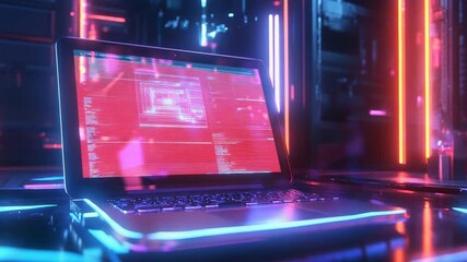 Laptop showing code in futuristic server room with neon lights - Powered by Adobe