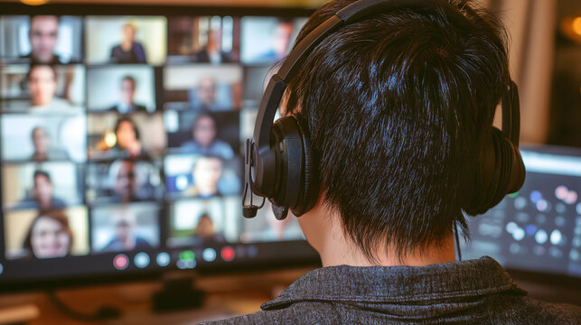 man wearing headset during a video conference meeting