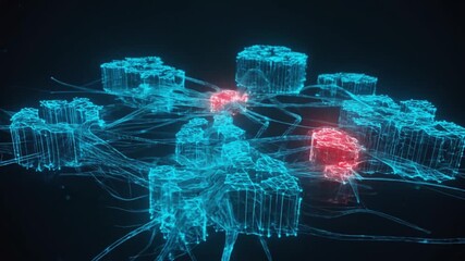 Futuristic digital network visualization with interconnected data blocks glowing in blue and red - Powered by Adobe