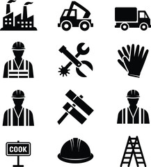 Construction And Industrial Icons With Factory Worker And Tools industry hard hat