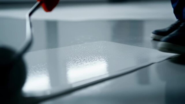 Slowmotion clip showing roller strokes distributing a highgloss epoxy layer on a garage floor creating a mirrorlike seamless finish for improved aesthetics.