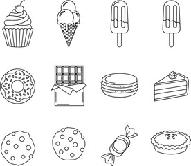 Black and White Outline Icon Set of Desserts and Sweets