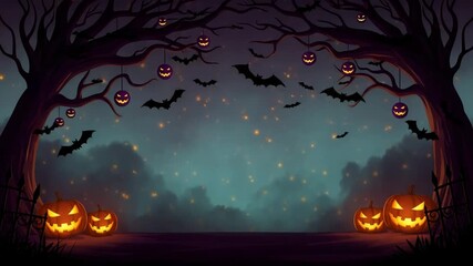 Spooky halloween night scene with glowing jackolanterns, bats flying, and carved pumpkins hanging from spooky trees under a starry sky - Powered by Adobe