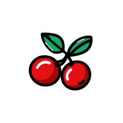 Two stylized red cherries with green leaves against a black background.  