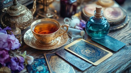 Teacup and skincare tools beside tarot cards or oracle deck