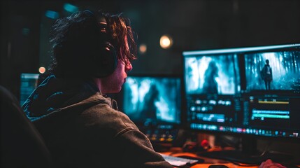 Focused video editor working late in a dark post-production studio, cinematic color grading