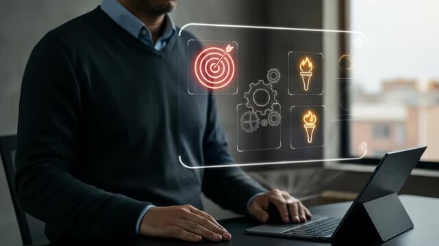 Business Strategy: Focused man navigates virtual target with tech, innovation, and success visualized on digital display.