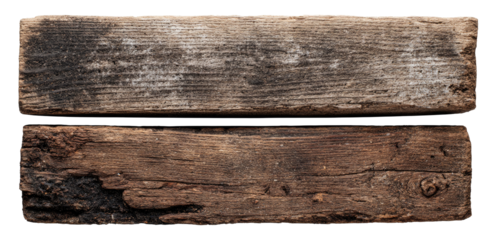 Two weathered wooden planks stacked horizontally.  Dark brown tones with  visible wood grain and surface imperfections