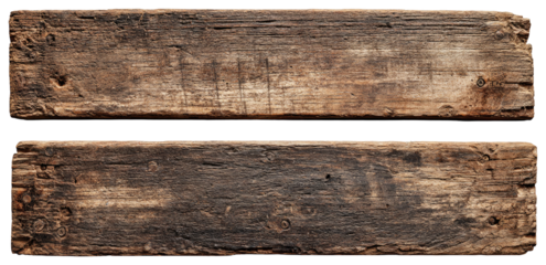 Two weathered wooden planks stacked vertically.  Dark brown, aged wood with visible grain, marks, and imperfections.  A close-up view of the texture
