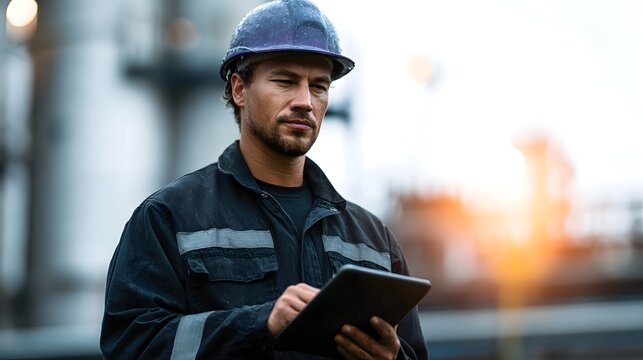 Focused industrial worker in safety gear utilizes a digital tablet to monitor ope ns at an outdoor refinery or factory site