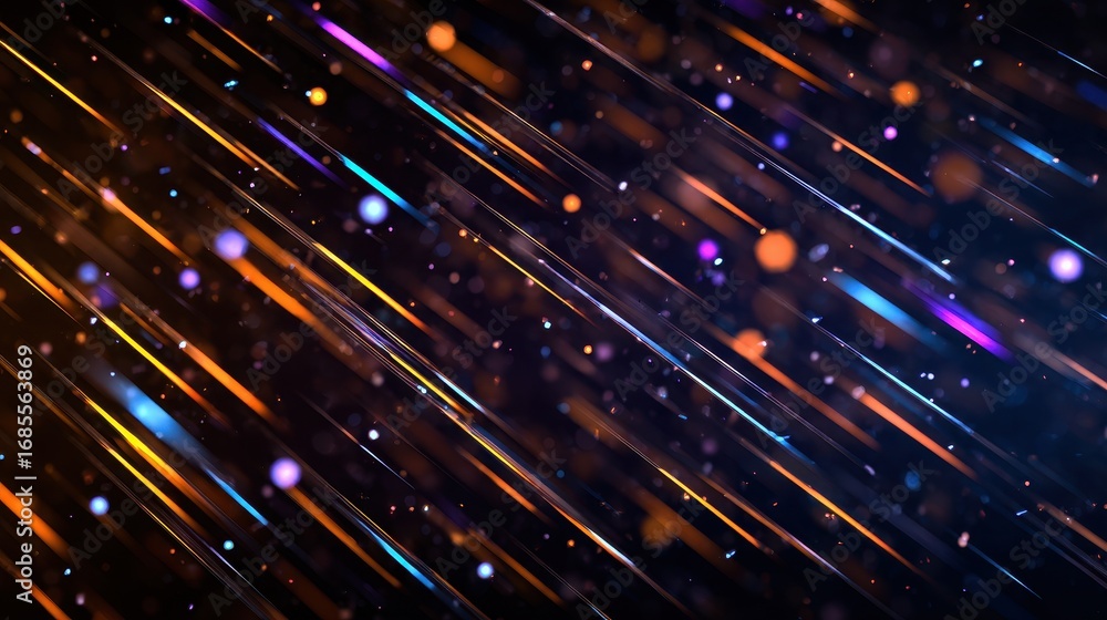 Poster 3d render of a cosmic meteor shower: vibrant neon stars and glowing lines in a dark abstract space b