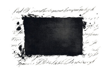 Dark, textured rectangular shape framed by ornate, hand-written script