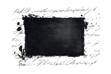 Dark, textured rectangular shape framed by ornate, hand-written script