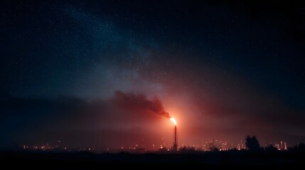 A dramatic night view of an industrial refinery with a prominent flare stack burning brightly under a dark star filled sky illuminating the complex