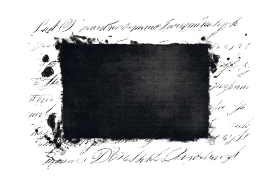 Dark, textured rectangular shape framed by ornate, hand-written script