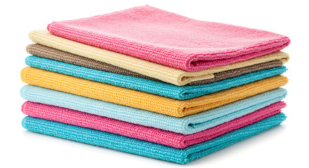 Stack of Microfiber Cleaning Cloths in Assorted Colors, Ideal for Dusting and Polishing on a White Background, Studio Shot for