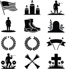 Memorial Day Icons Black Silhouette Collection america flag