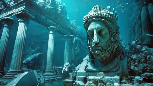 Underwater archaeological scene, marble head of ancient statue in ocean, old city ruins under sea water, concept of atlantis 