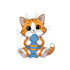 Adorable ginger kitten hugging fish cartoon illustration. Vector