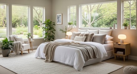 Bright and Serene Modern Bedroom with Natural Light, Neutral Tones, Lush Garden Views, and Thoughtful Home Decor.