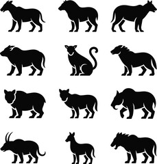 Nine Black Silhouette Icons of Various Animals on White Background wildlife symbol
