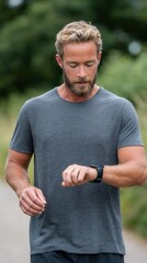 A man in a gray t-shirt checks his fitness tracker while jogging on a path surrounded by greenery. The scene conveys health and fitness.
