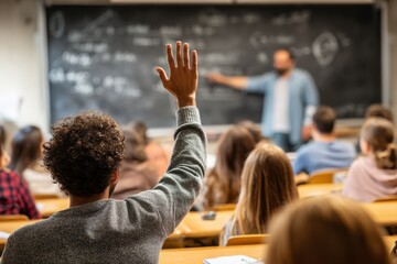 Engaged Student Participating in High School Lesson, Hand Raised for Questions in Dynamic Classroom Environment