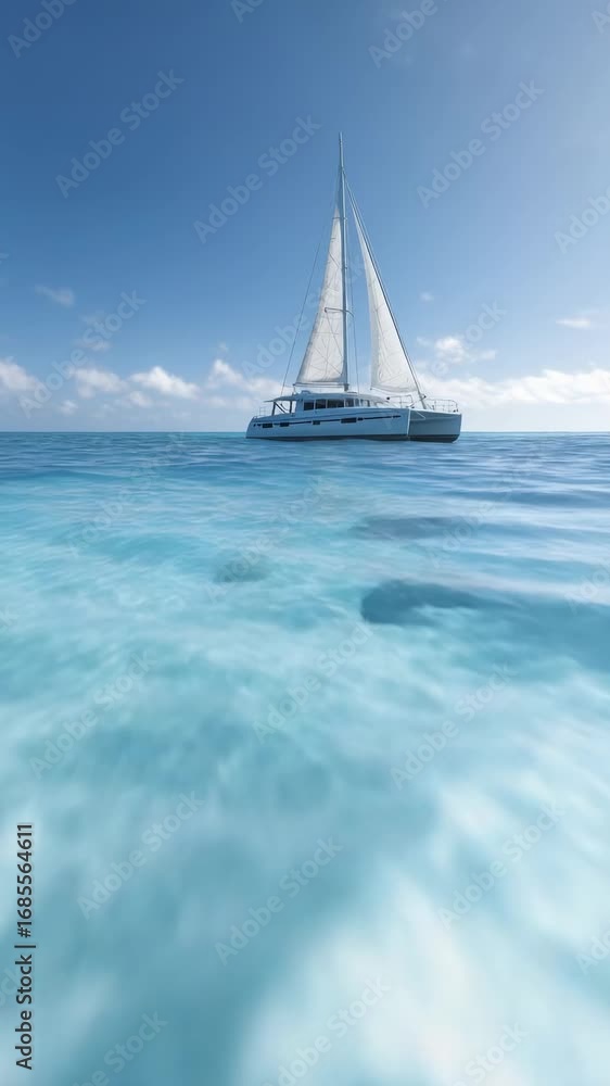Poster crystal clear turquoise water gently laps against a pristine coral reef, while a sleek white catamar