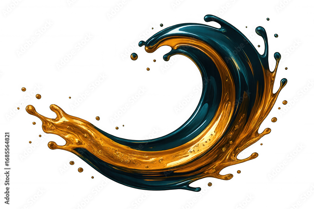 Poster golden and dark green paint splashing, swirling, and forming a crescent shape on a transparent backg