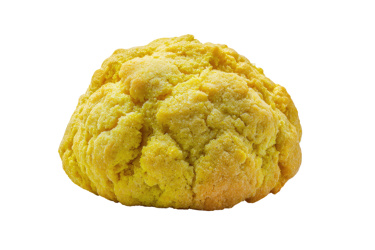 Close-up of a golden-yellow, round, slightly textured pastry.  Its surface has a rough, craggy appearance, like a bread or cookie, with a slightly crispy exterior