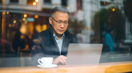 Mature man working on laptop at coffee shop